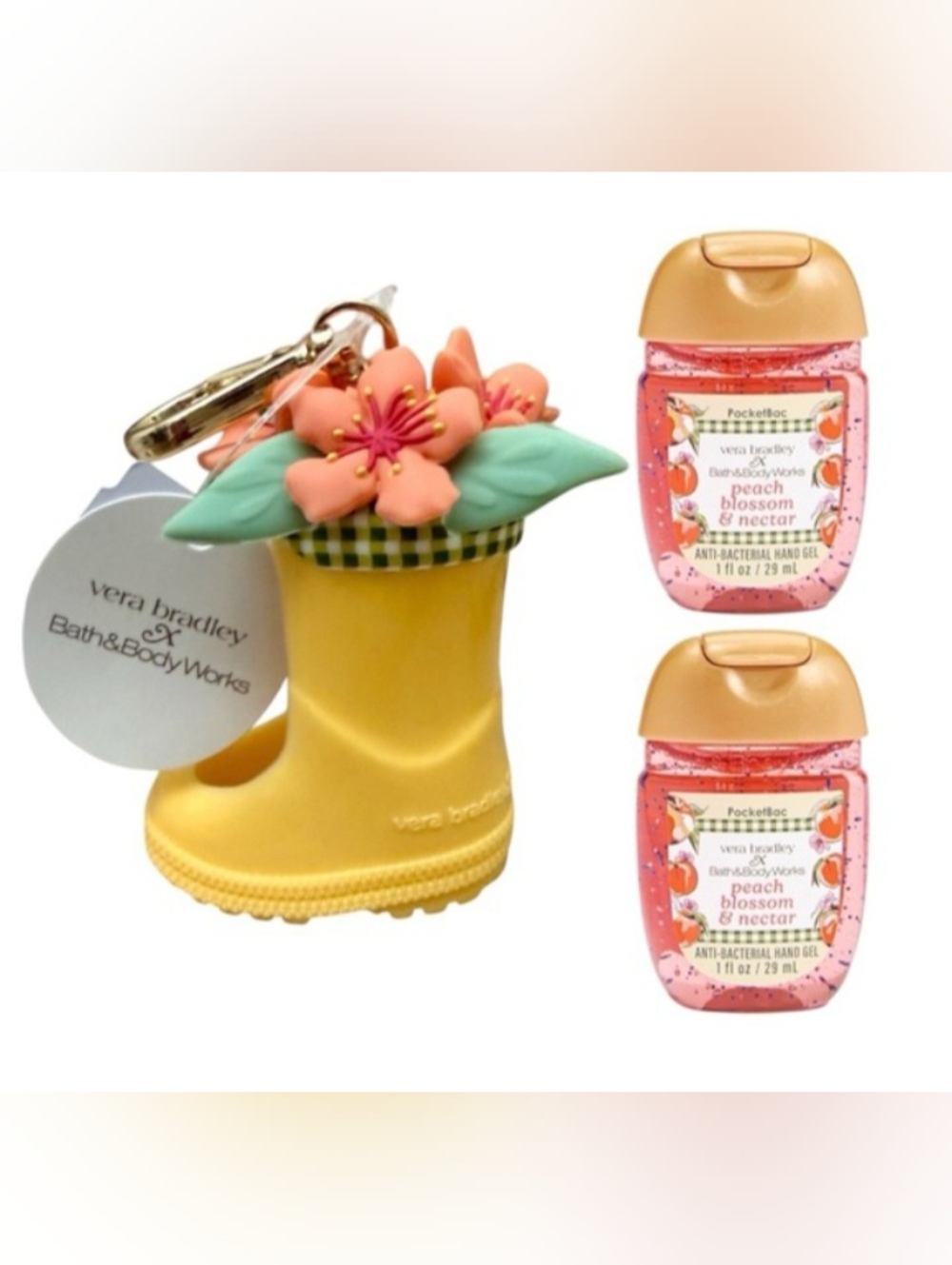 Vera Bradley Yellow Rain Boot Keychain with Peach Blossom Charm and Hand Gels